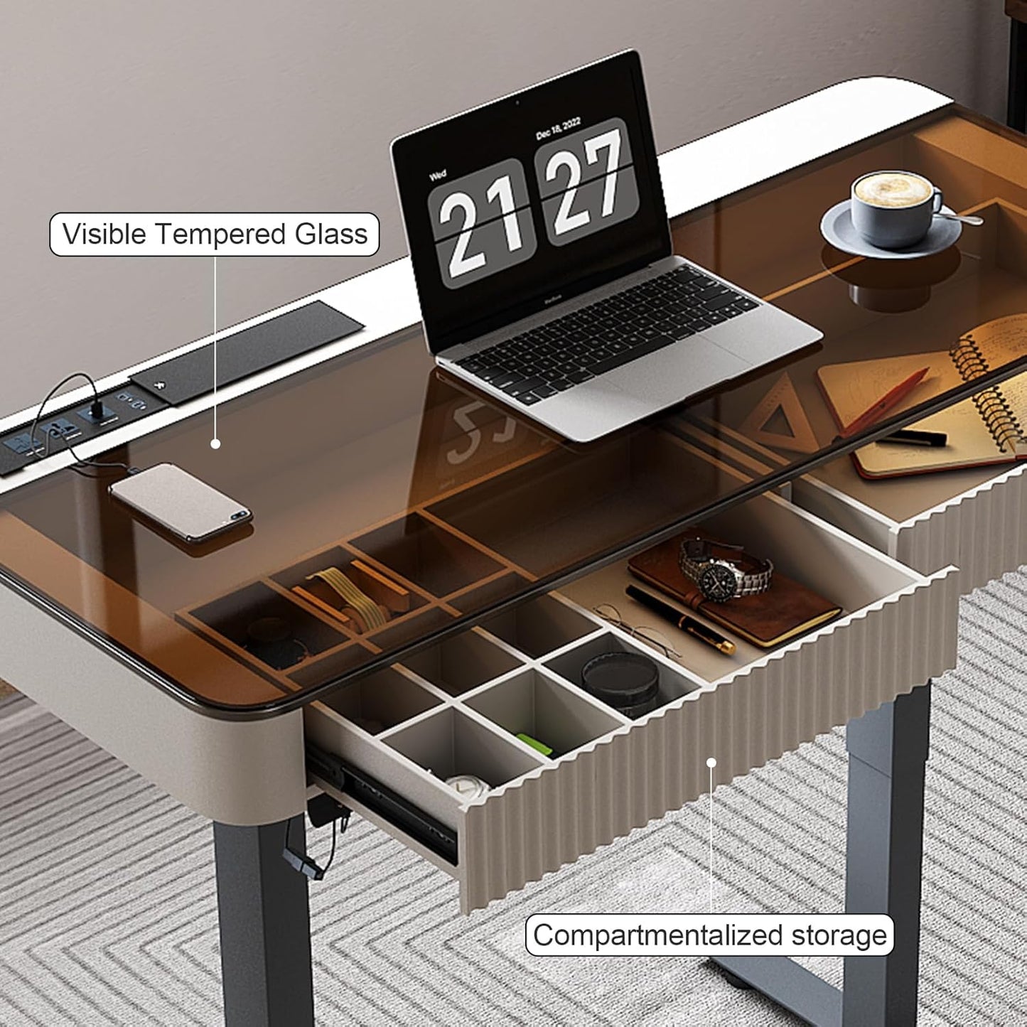 Lartis Office Desk, Electric Computer Lift Table Standing Desk with Drawer Charging USB Port, Home Office Laptop Table with Drawer