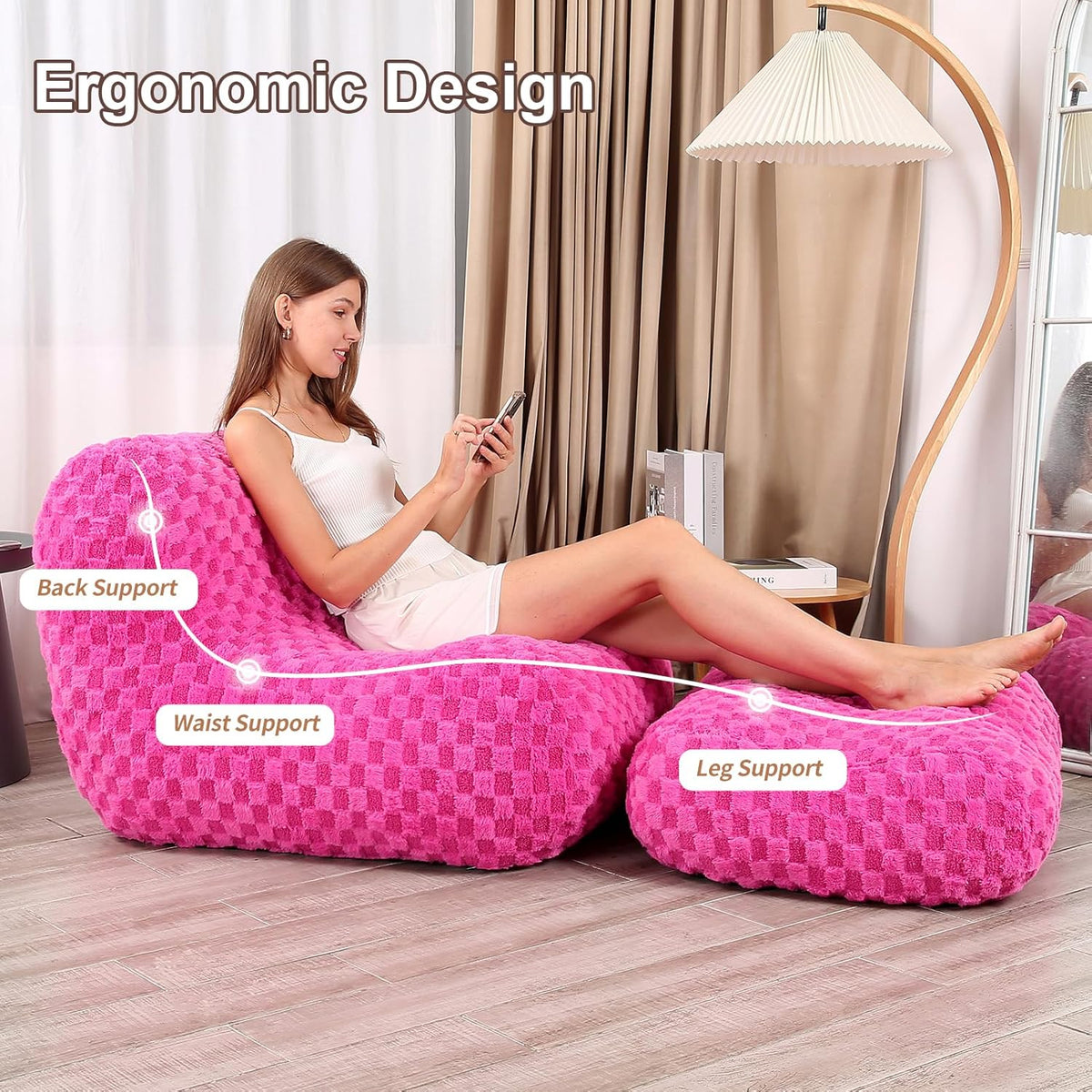 Bean Bag Chair with Footstool, Comfy Reading Sofa Chair for Adults, Modern Floor Sofa for Livingroom, Bedroom, Pink