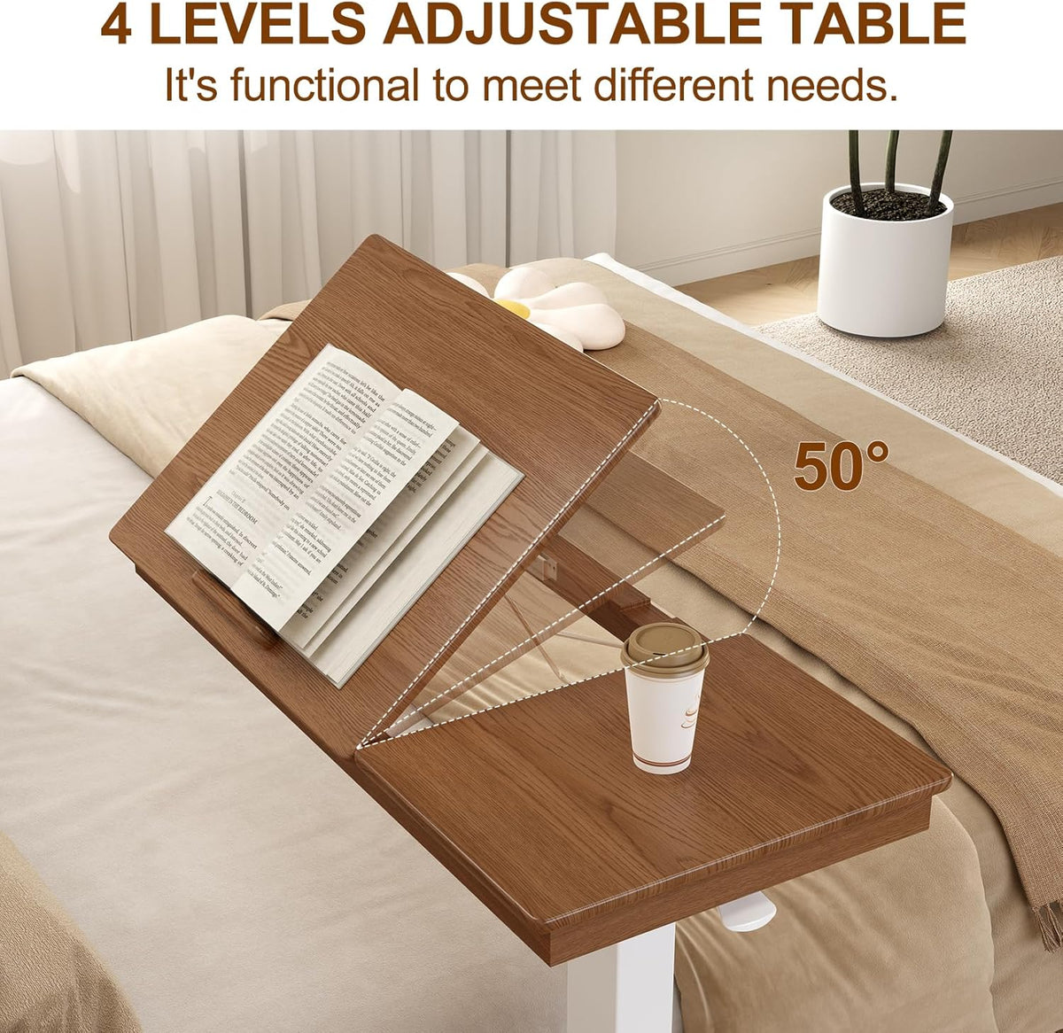 Solid Wood Overbed Bedside Table with Wheels, Adjustable Medical Tilt Top Hospital Bed Table Over The Bed, Rolling Laptop Desk, Mobile Standing Desk for Hospital and Home Use (Walnut)