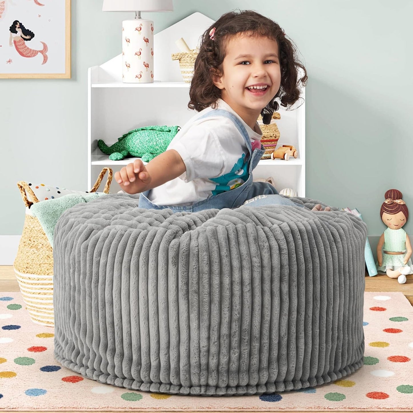 Hobestluk Bean Bag Chairs 2.5FT Bean Bag Chair with Memory Foam Filled & Stripe Plush Cover Bean Bag Chairs for Playroom, Living Room, Bedroom(Grey)