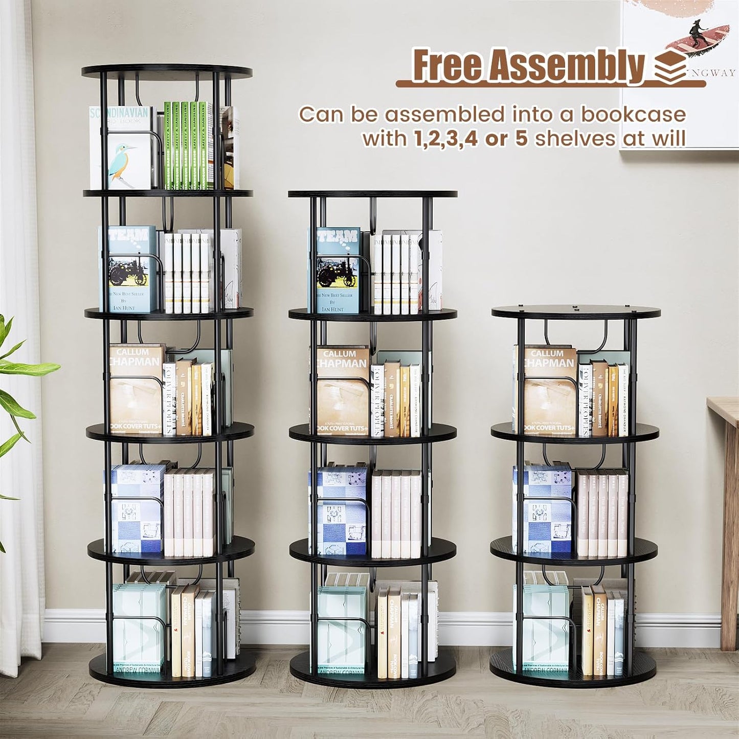 5 Tier Rotating Bookshelf, 360 ° Display Stackable Spinning Bookshelf Tower, Corner Bookshelf Tall Floor Standing Swivel Bookcase Narrow Storage Organizer for Bedroom, Living Room, Black