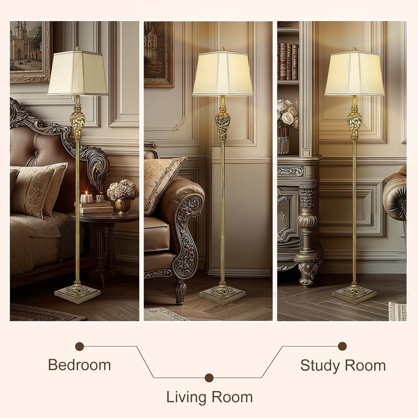 Vintage Floor Lamp for Living Room, 65" Tall Lamp with Nightlight and Beige Faux Silk Shade, Farmhouse Standing Lamp for Bedroom, Office Corner, or Study, Elegant Rustic Home Decor (LED Bulb Included)