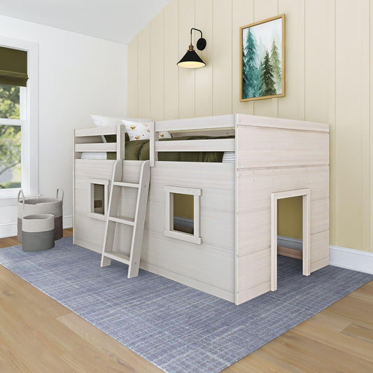 Max & Lily Modern Farmhouse Twin Low Loft Bed with Two Windows - Solid Wood, 15” Guardrails, 400-lb Capacity, Low-VOC Finish, White Wash