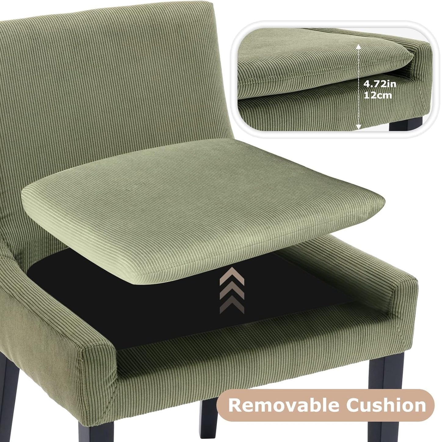 COLAMY Modern Dining Chairs Set of 2, Upholstered Corduroy Accent Side Chairs with Mid Back and Wood Legs for Living Room/Dining Room- Light Green