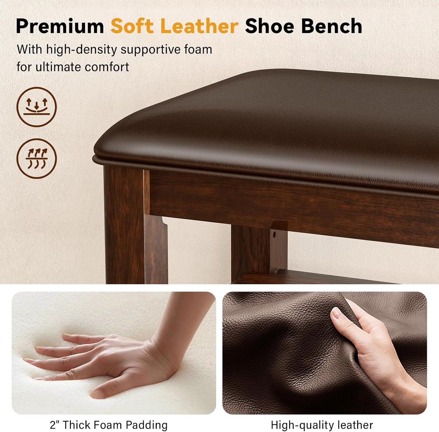 Entryway Shoe Storage Bench with Leather Cushion, Shoe Organizer Bench for Entryway, Ideal for Hallways Front Doors Entrances Mudrooms Featuring Rubberwood And 3 Height-Adjustable and Removable Shelve