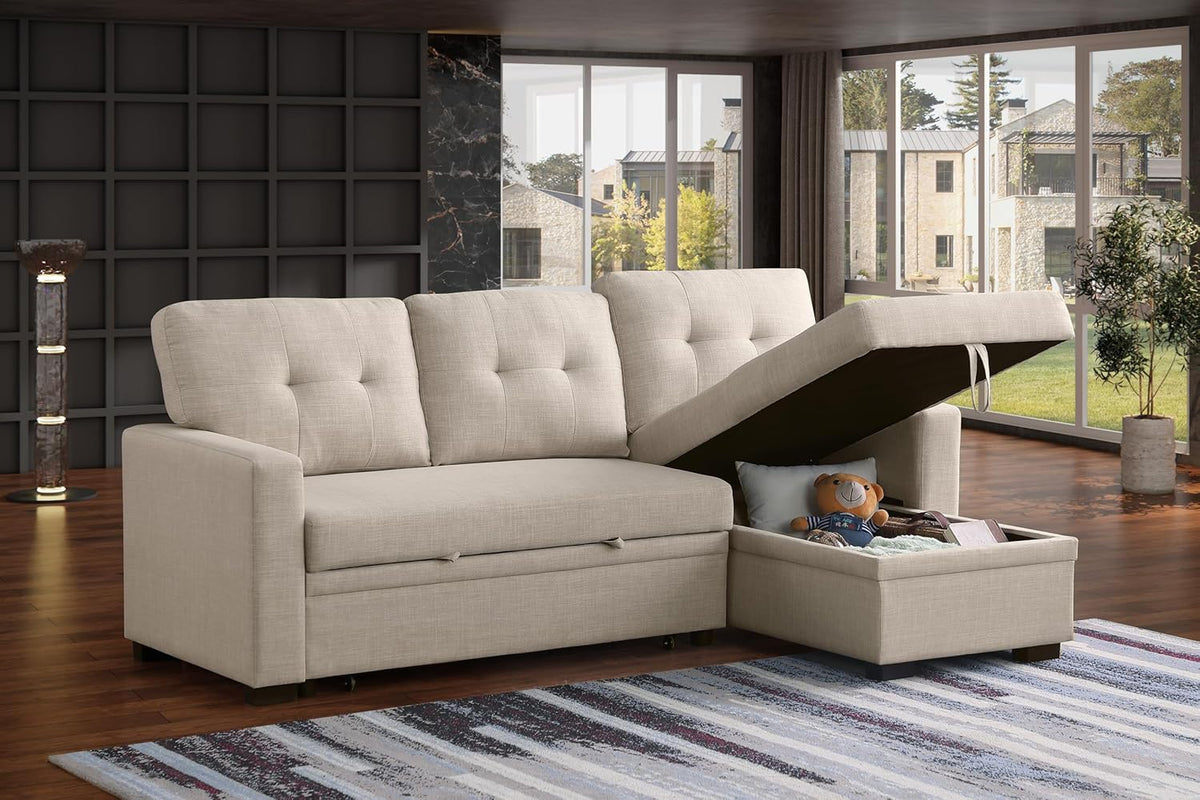 Devion Furniture Meridian 4-in-1 Convertible L Shaped Couch with Pull Out Bed and Storage, Sectional Sleeper Sofa with Reversible Chaise for Living Room, Apartment, Bedroom, Office