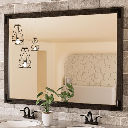 TETOTE 48 x 36 Black Wood Framed Mirror for Bathroom Wall/Bedroom/Living Room/Entryway Farmhouse Rustic Bathroom Vanity Mirror Waterproof (Horizontal/Vertical Mounted)
