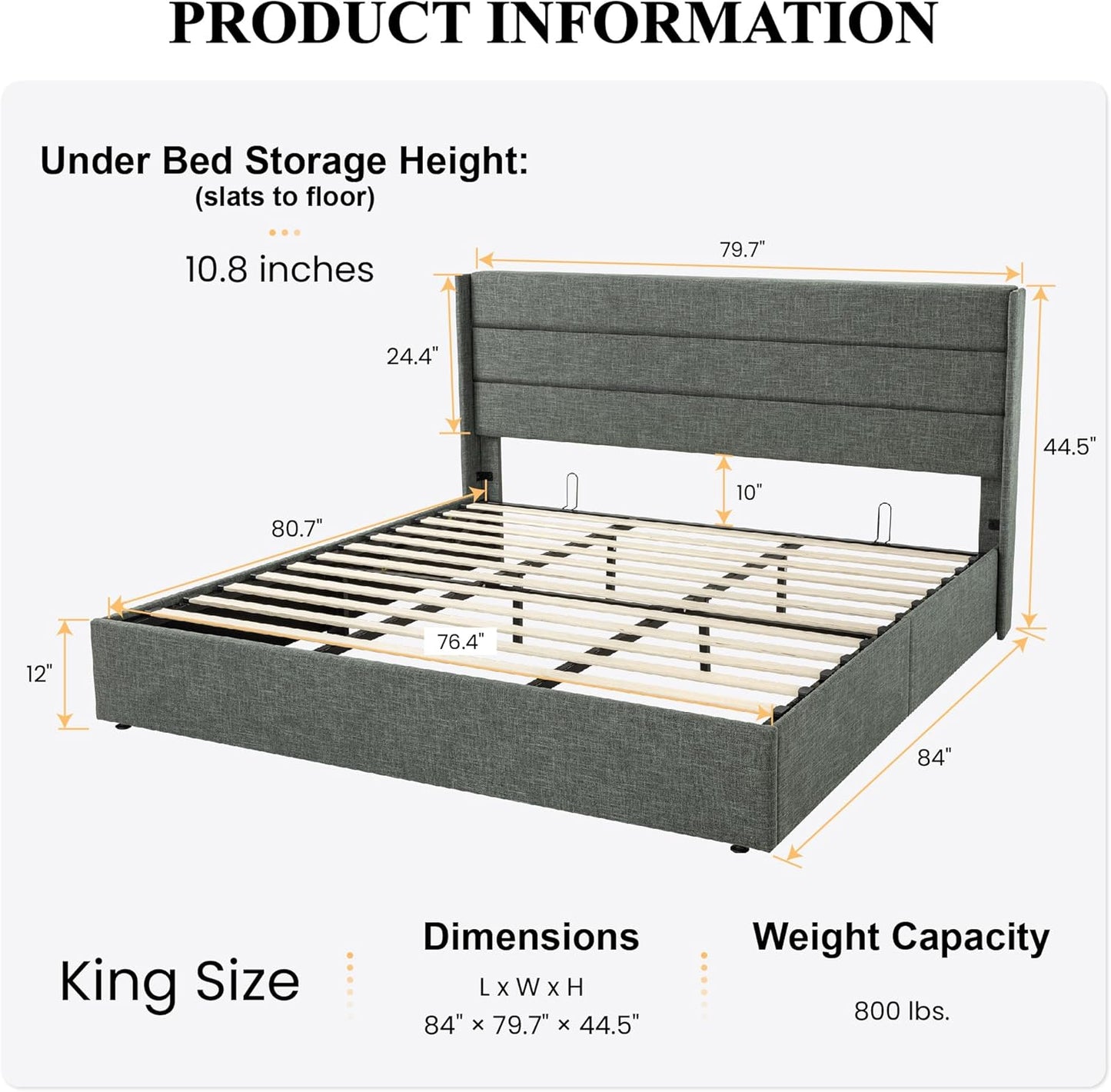 SHA CERLIN King Size Lift Up Storage Bed/Modern Wingback Headboard/Upholstered Platform Bed Frame/Hydraulic Storage/No Box Spring Needed/Wood Slats Support/Dark Grey