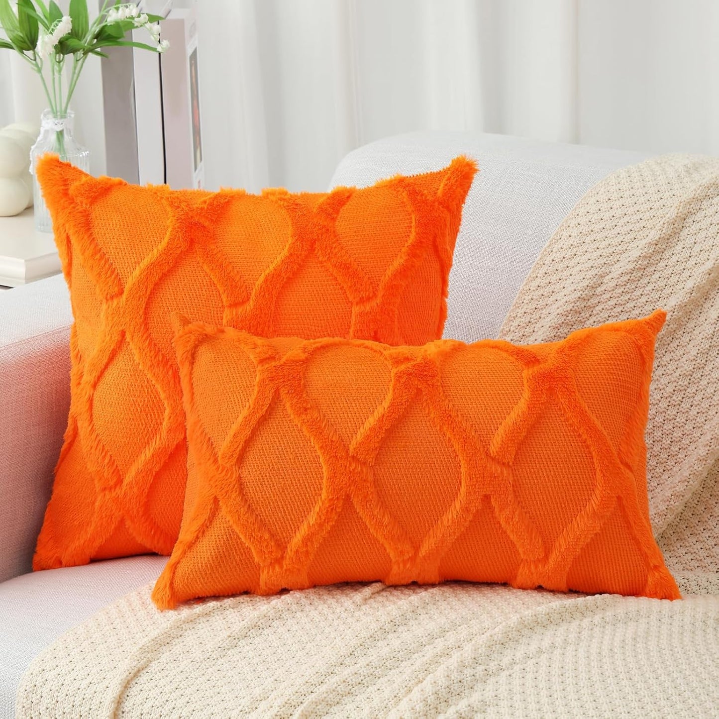 decorUhome Fall Throw Pillow Covers 12x20 Inch Set of 2, Soft Plush Faux Fur Wool Lumbar Orange Couch Pillow Covers, Decorative Neutral Pillow Cases for Bed Sofa Living Room Home Decor