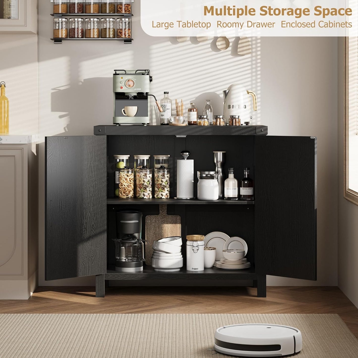 Garvee 31.5'' Small Rattan Buffet Cabinet with Storage, Kitchen Coffee Bar Cabinet with Doors, Boho Farmhouse Sideboard with Adjustable Shelves and Handle for Kitchen, Living Room, Black