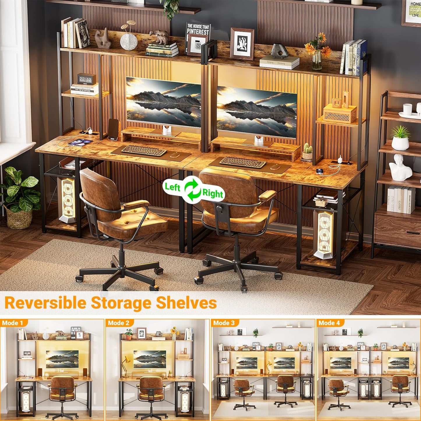 Cyclysio Gaming Desk with Hutch, 39'' Computer Desk with LED Lights & Power Outlets, Home Office Desk with Reversible 5 Tiers Storage Shelves & Monitor Stand, Small Gaming Table for Small Space,Rustic