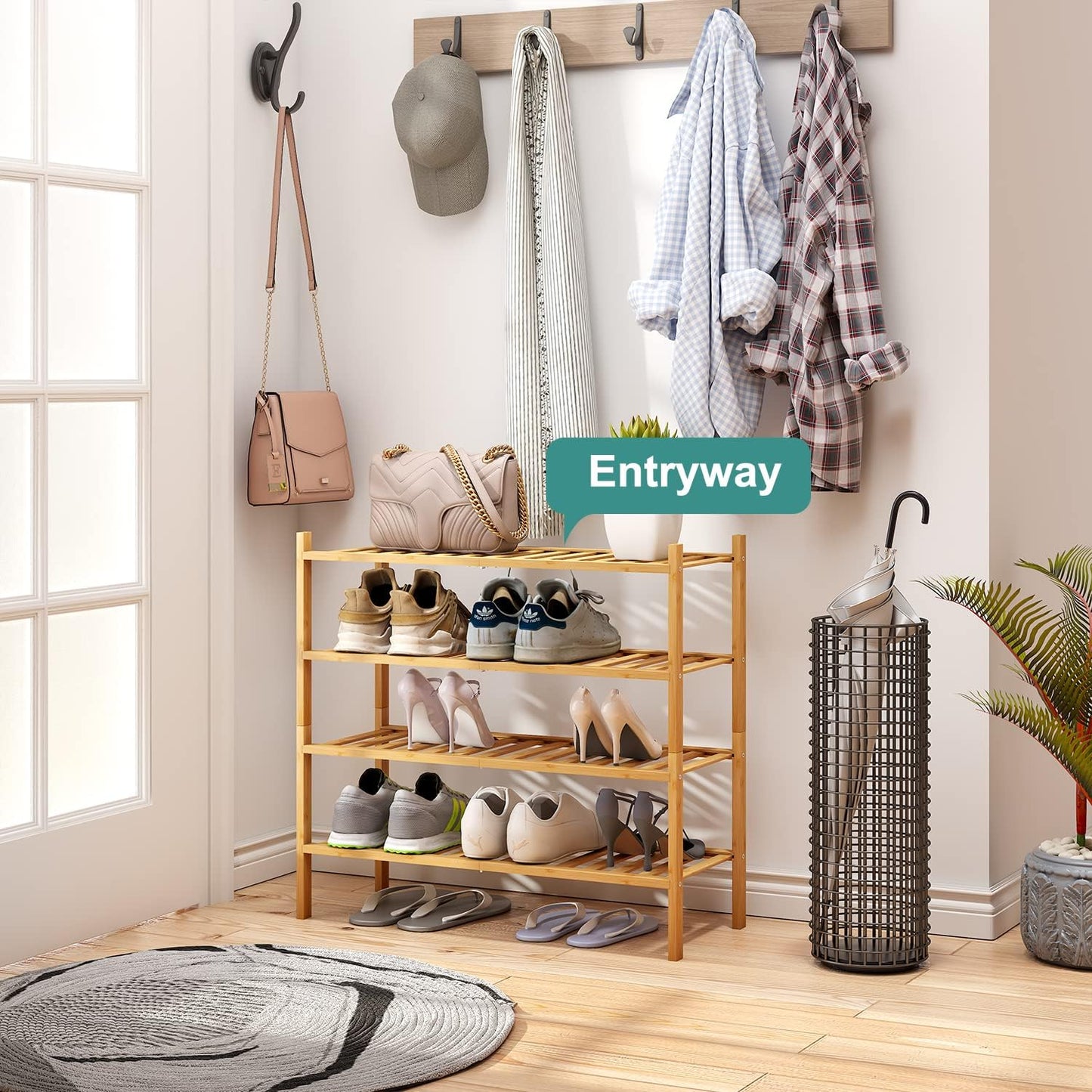 4-Tier Bamboo Shoe Rack for Entryway, Stackable | Foldable | Natural, Shoe Organizer for Hallway Closet, Free Standing Shoe Racks for Indoor Outdoor