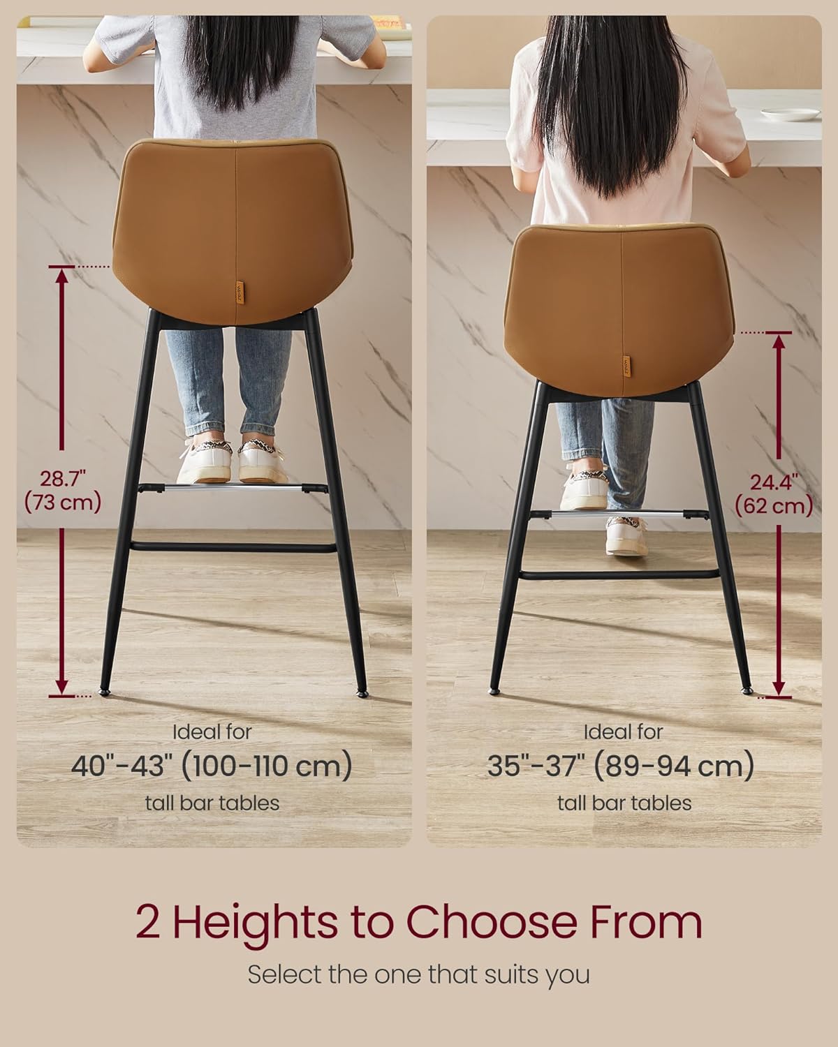 VASAGLE Bar Stools Set of 2, Counter Height Bar Stools with Back, Ergonomic Backrest, Synthetic Leather, Metal Legs, 24.4-Inch Tall Barstools for Kitchen Island Home Bar, Easy Assembly, Caramel Brown