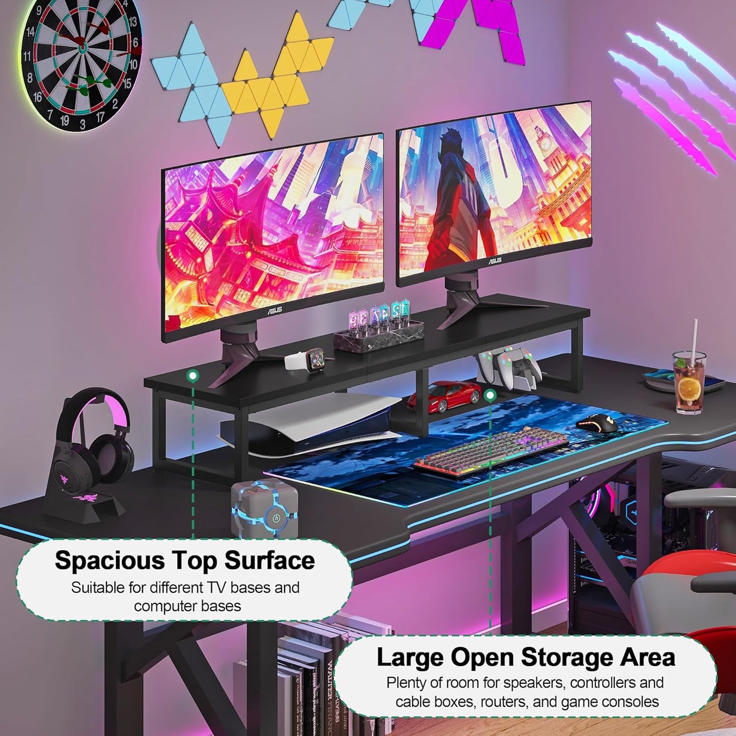 Clikuutory 45" Large TV Riser for 32-60 inch TVs, Tabletop Stand with Steel Legs, Storage & Dual - Screen Office Desk Function, Ideal for Home Office, Bedroom, Living Room, Black