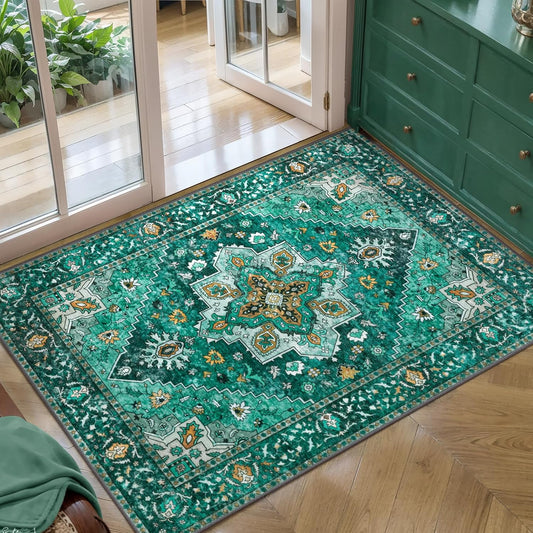 Vintage Rug 2x3 Washable Rug for Entryway, Non Slip Small Area Rug, Indoor Front Door, Print Distressed Emerald Door Mat Carpet, Soft Low Pile Rugs for Entrance Kitchen Bedroom Bathroom