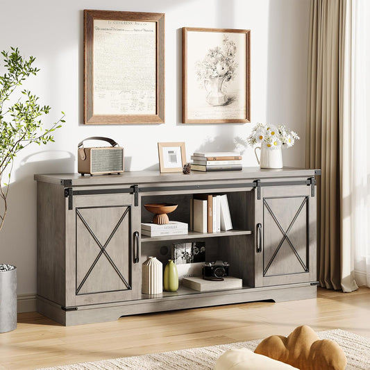 Farmhouse 59" TV Stand Up to 65 Inches, Mid Century Modern TV Entertainment Center with Storage Cabinets & Open Shelves, Wood TV Cabinet for Living Room, Grey