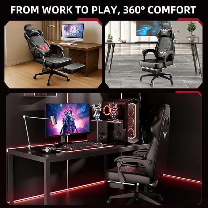 Gaming Chair, Ergonomic Computer Chair with Lumbar Massage & Heat, Video Game Chair with Silent Casters, 3D Adjustable Backrest, Thickened Seat, PU Leather, Hidden Footrest (63-77in)