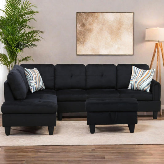 L Shaped Sectional Couches for Living Room, Modern Modular Sectional Sofa with Ottoman Storage, Comfy L Shaped Couch with Chaise for Bedroom Apartment Furniture, Black