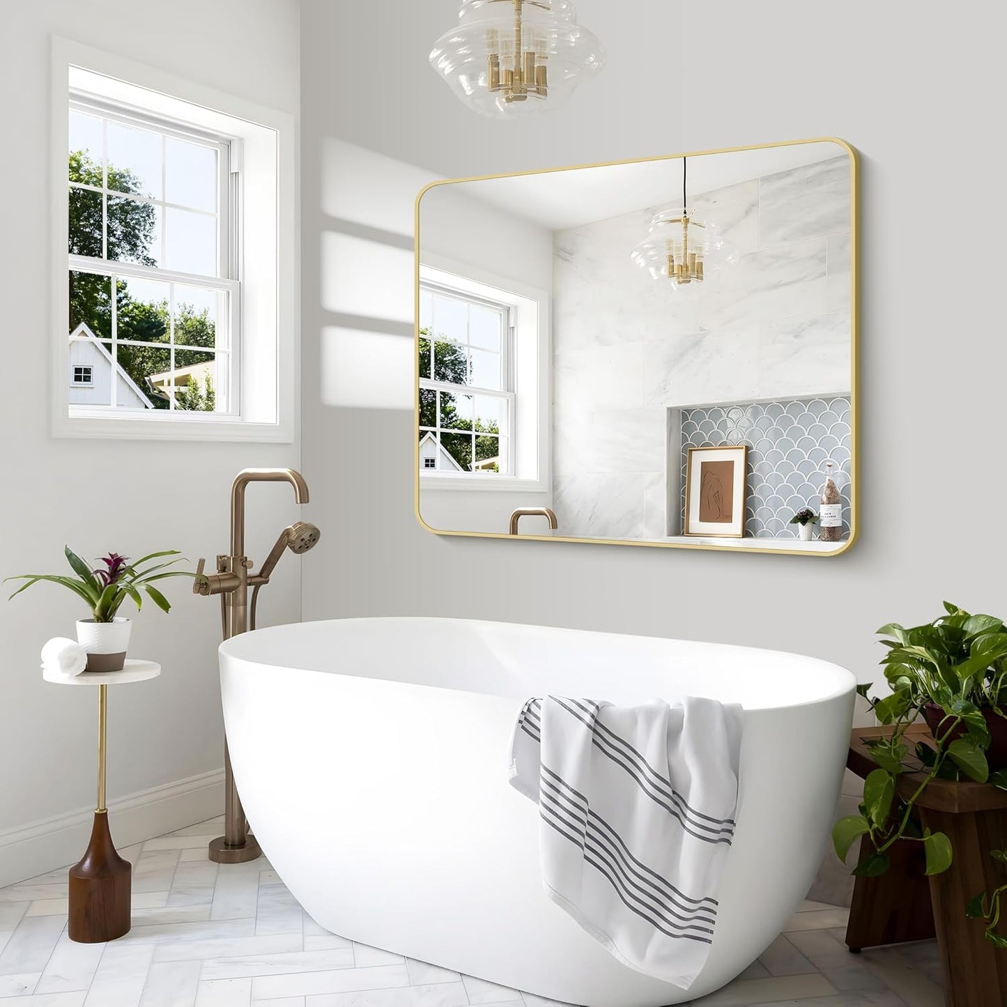 BONEWEI Gold Bathroom Mirror,40x48 inch Wall Mirror for Bathroom Wall Mounted,Round Rectangle Mirror for Bathroom Over Sink,Modern Frame for Home Decor Living Room,Bedroom Entryway,Horizontal/Vertical