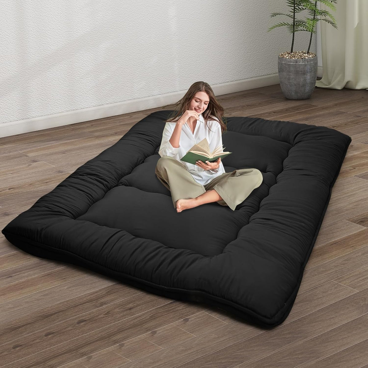 Japanese Floor Mattress,4" Thicken Japanese Floor Sleeping Pad Foldable,Futon Mattress Suitable for Camping and Guest Room (Black, Twin (80" x 36"))