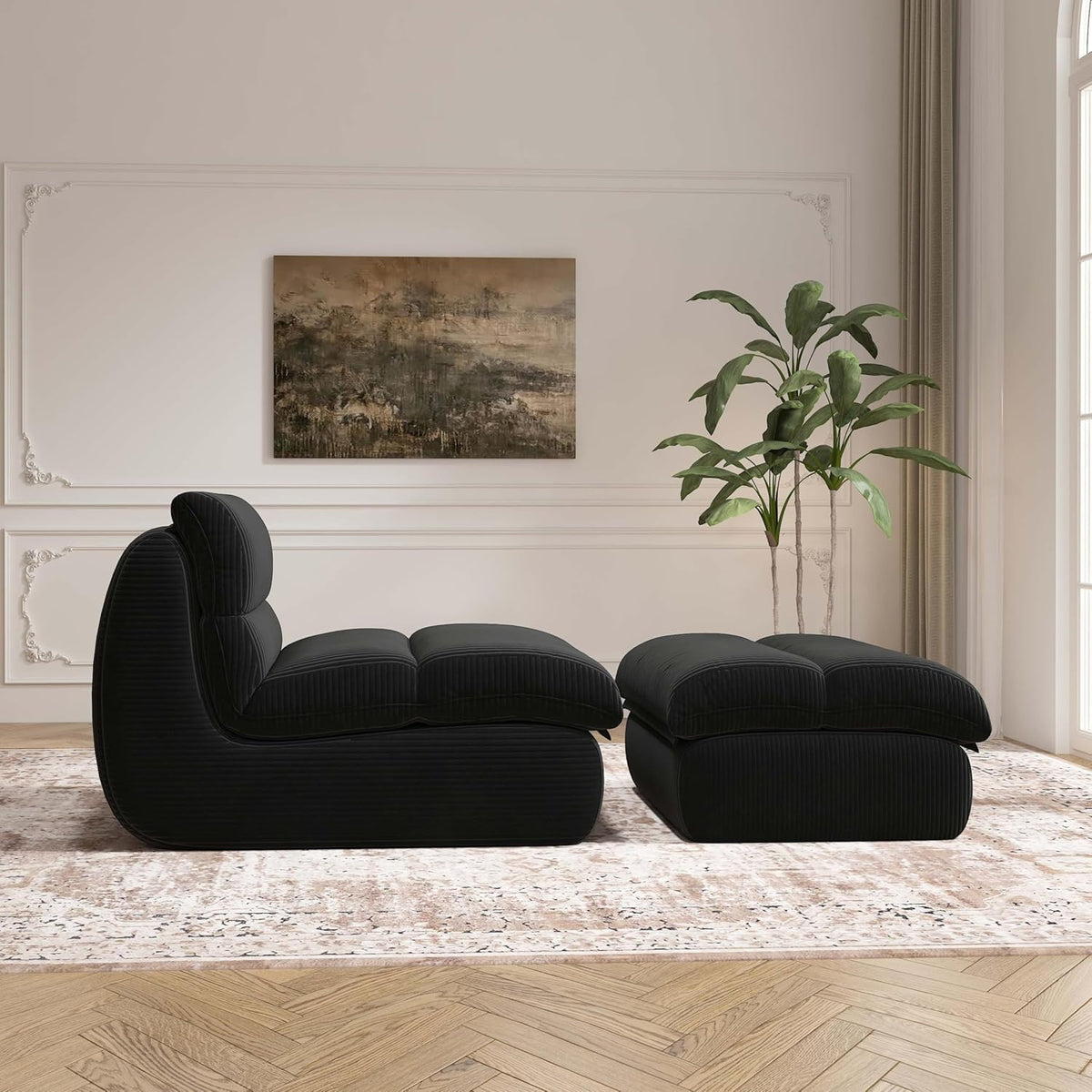 Bean Bag Chair with Ottoman, Cozy Comfy Reading Nook Chairs, Ultra Soft Corduroy Fabric Bean Bag Chairs for Adults, Reading Chair with Ottoman for Living Room, Bedroom Apartment (Black)