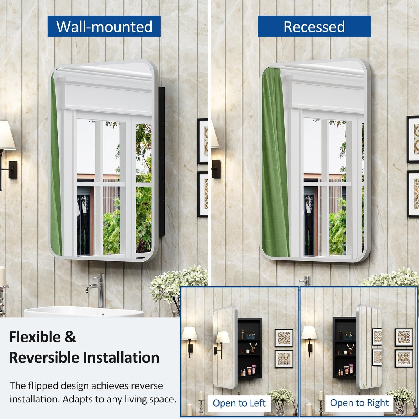 16x24 Inch Medicine Cabinet for Bathroom with Mirror Brushed Silver Metal Framed Recessed Bathroom Medicine Cabinet with Mirror Wall Mounted