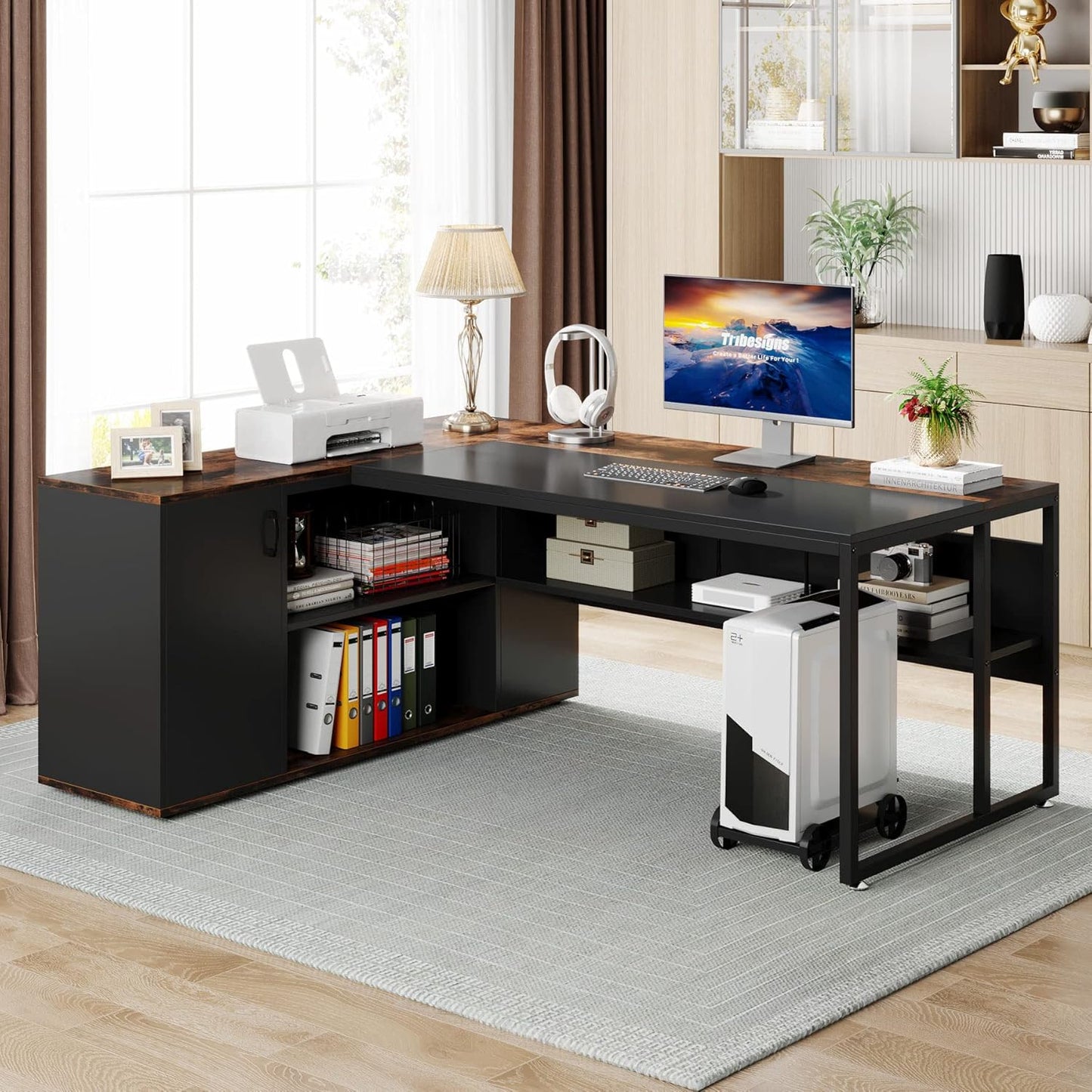 Tribesigns 71 inch Executive Desk, L Shaped Desk with Cabinet Storage, Executive Office Desk with Shelves, Business Furniture Workstation for Home Office, Brown and Black