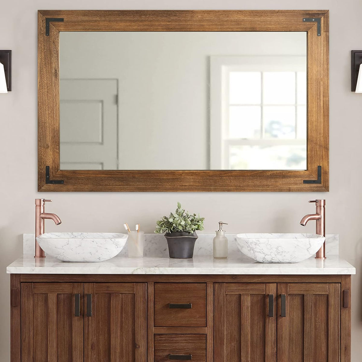 YOSHOOT Rustic Wooden Framed Wall Mirror, Natural Wood Bathroom Vanity Mirror for Farmhouse Decor, Vertical or Horizontal Hanging, 72" x 36", Brown