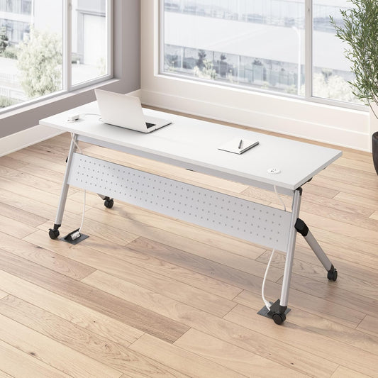 Bush Business Furniture Folding Training Table, 72 inch Desk with Powered Grommets, Commercial-Grade Bundle for Office or Classroom, Envision Collection, White