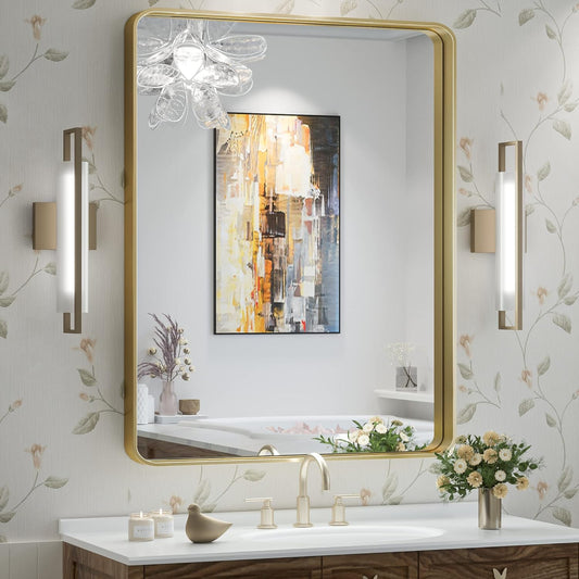 TokeShimi Bathroom Mirror for Wall 24 x 32 Inch Gold Brushed Brass Metal Rounded Corner Rectangle Mirror Wall Mirror in Metal Frame