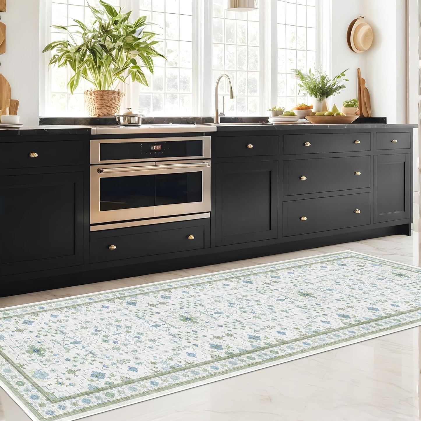 Oushak 3x20 Wide Hallway Runner Rug - Vintage Turkish Floral, Washable Low Pile Non Slip 20ft Extra Long Runners for Large Kitchen, Hall Way - Blue and Green Décor