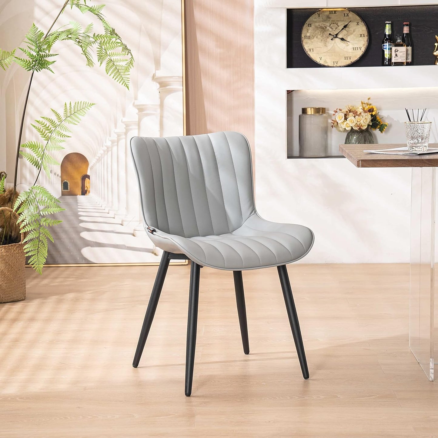 YOUNUOKE Mid-Century Modern Dining Chairs Set of 2, Grey PU Leather Upholstered Kitchen Chairs with Black Metal Legs, Armless Accent Chair for Dining Room, Guest Reception Room
