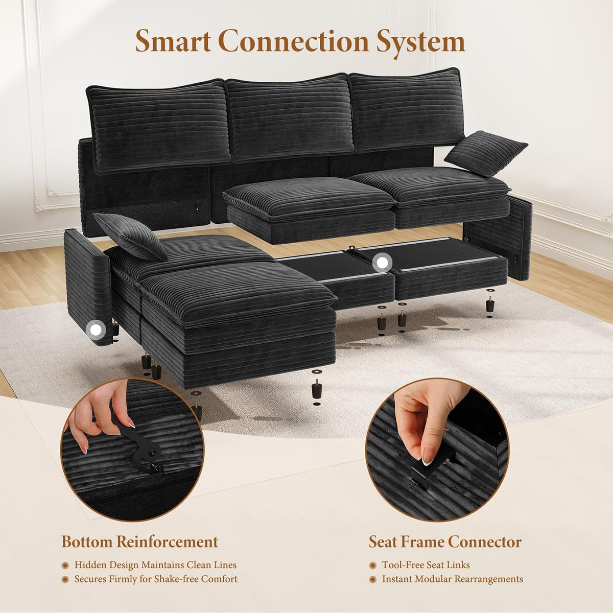 Vesgantti Large Modular Sectional Sofa, Big Comfy Cloud Couch with Ottoman Deep Seat Corduroy Cloud Sofa, 9 Seater Large Sectional Couches for Living Room, Bedroom and Apartment, Gray