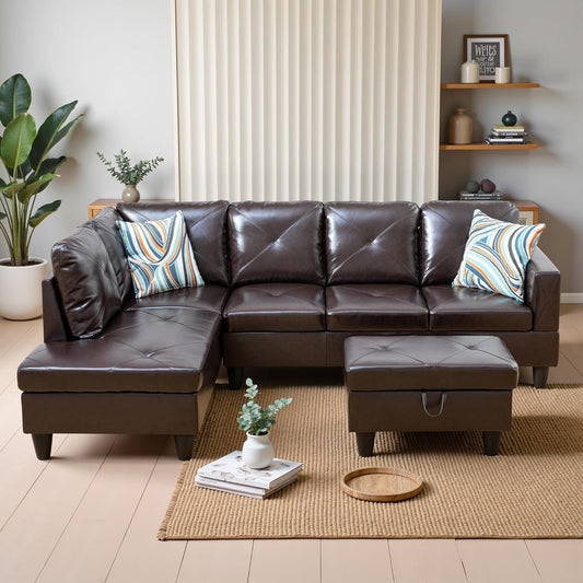 Osparple L Shaped Couch Faux Leather Sectional Couches for Living Room Upholstered 3 Pieces Modular Sectional Sofa with Chaise, Ottoman with Storage for Living Room and Small Apartment, Brown