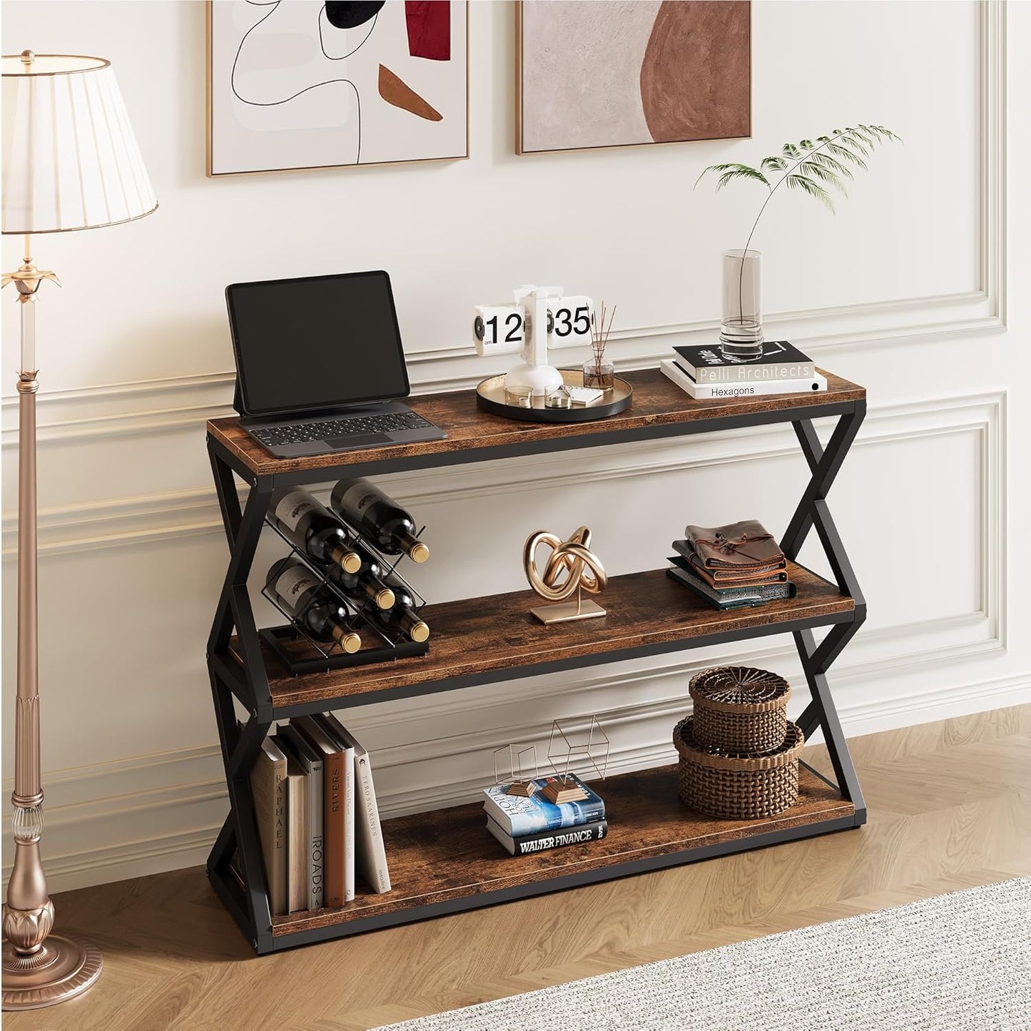 47.2 Inch Rustic Console Table, Industrial Entryway Table with 3-Tier Shelves - Long Hallway Sofa Table, TV Stand & Media Center for Living Room, Vintage Brown