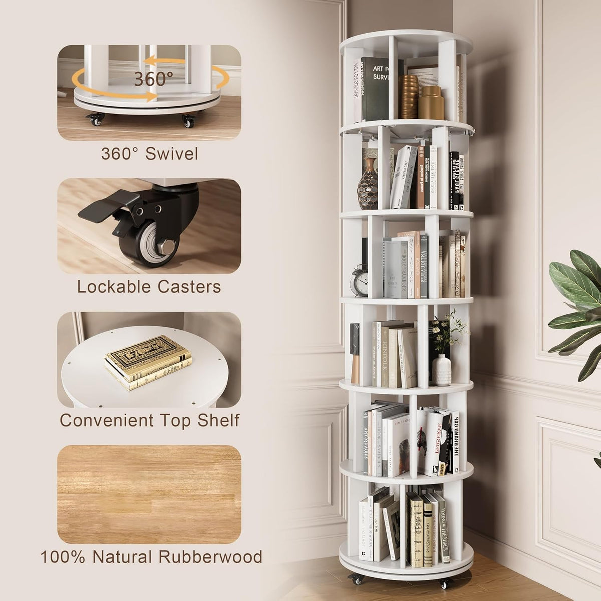 6 Tier Bookshelf Tower, 360° Solid Wood Spinning Bookcase with Swivel Wheels, Floor Standing Book Shelf for Small Space, Bookshelf for Home Office Study Room Bedroom Living Room
