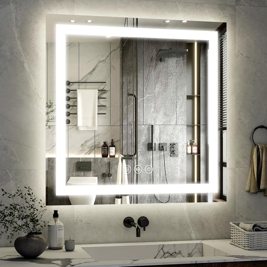 36x36 LED Bathroom Mirror, Backlit + Front Lit, LED Bathroom Mirror with Lights for Wall, 3 Colors, Anti-Fog, Dimmable Brightness, Memory Function, Tempered Glass