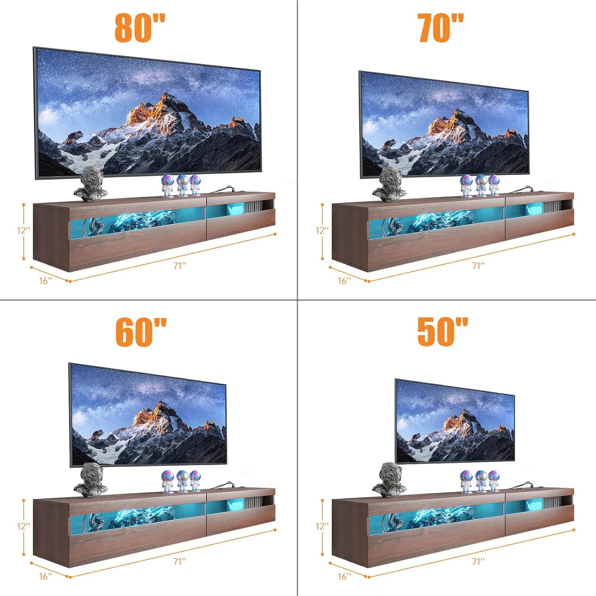 Floating TV Stand with Led Lights, 71 inch Wall Mounted TV Shelf with Power Outlet, Modern Entertainment Center Media Console with Storage Cabinet, Up to 80 Inch TVS, Walnut
