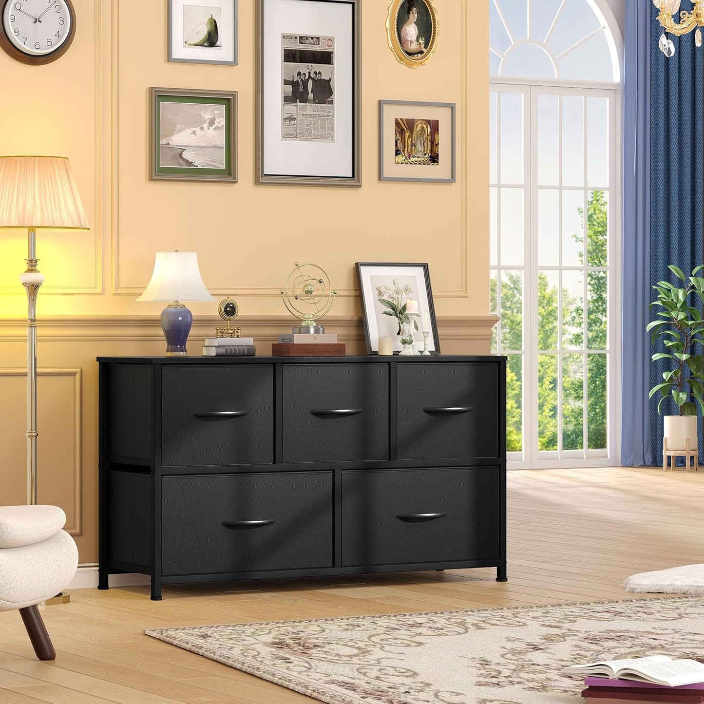 DWVO Dresser with 5 Drawers - Fabric Storage Tower, Organizer Unit for Bedroom, Living Room, Closets - Sturdy Steel Frame, Wooden Top (Black)