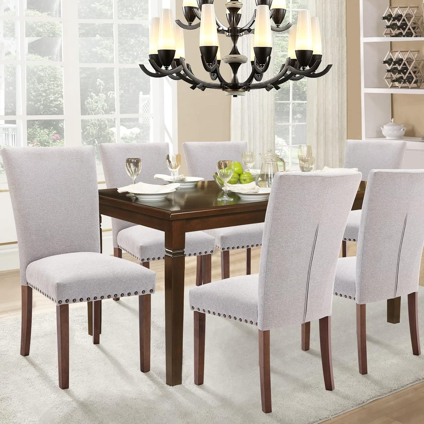 Parsons Dining Chairs Set of 2, Upholstered Nailhead Dining Room Kitchen Side Chair with Thick Cushions and Wood Legs, Light Grey