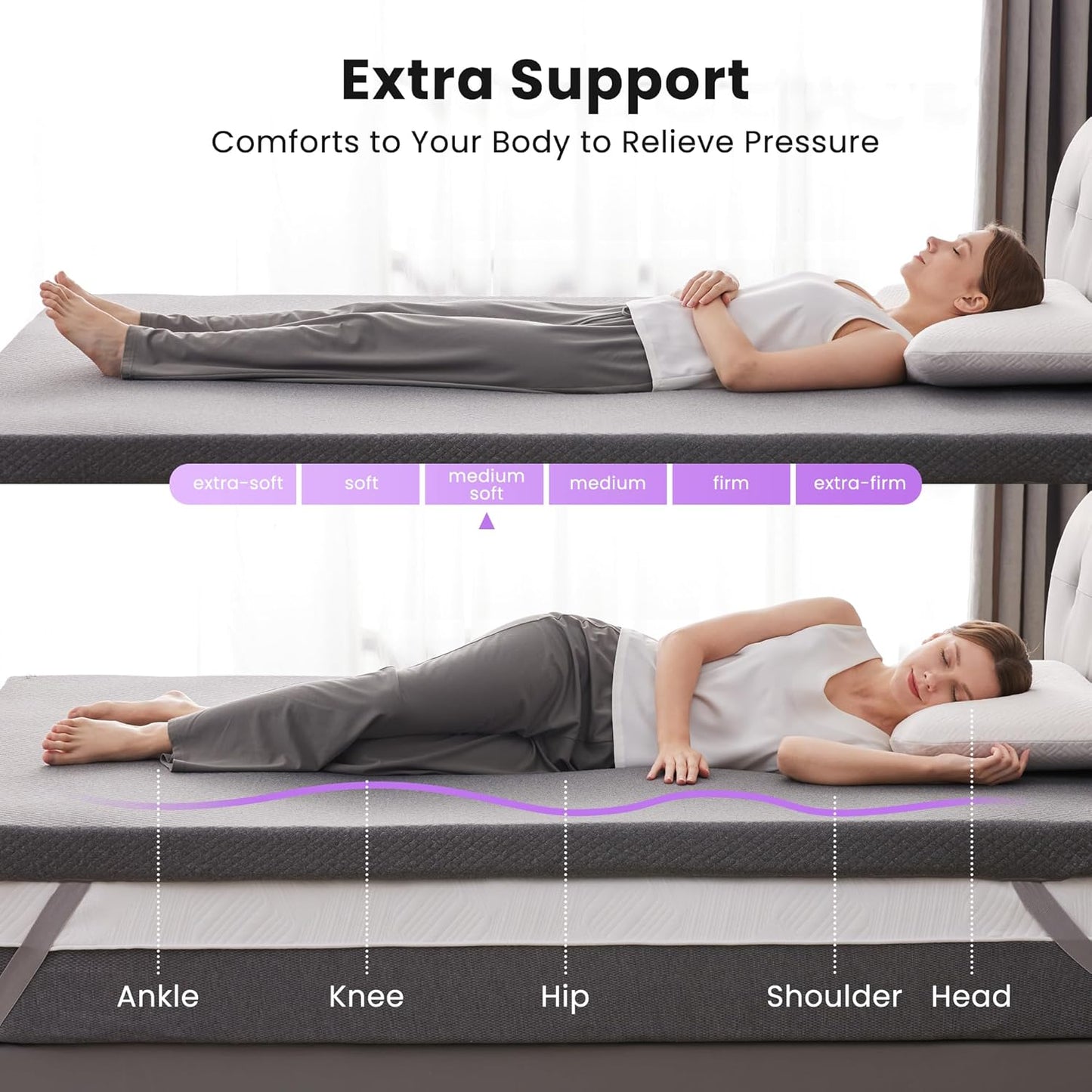 SINWEEK 3 Inch Gel Memory Foam Mattress Topper Full Size, Pad for Back Pain, Bed Topper with Removable Soft Cover, CertiPUR-US Certified,Grey