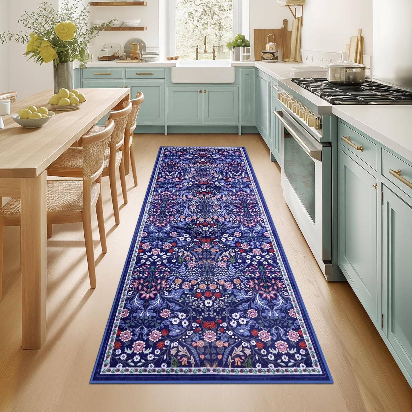 Runner Rug for Entryway: 2x10 Kitchen Rugs Non Slip Washable Ultra-Thin Soft Floral Carpet Indoor Floor Stain Resistant Carpets for Hallway Bedroom Kitchen Laundry Bathroom Dorm Blue