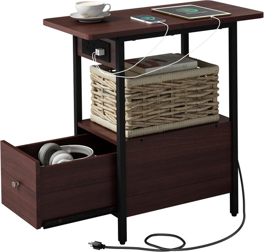 LIDYUK End Table with Charging Station, Narrow Side Table with Drawer and USB Ports & Power Outlets, Nightstand Bedside Tables for Small Spaces, Bedroom, Living Room, Dark Cherry