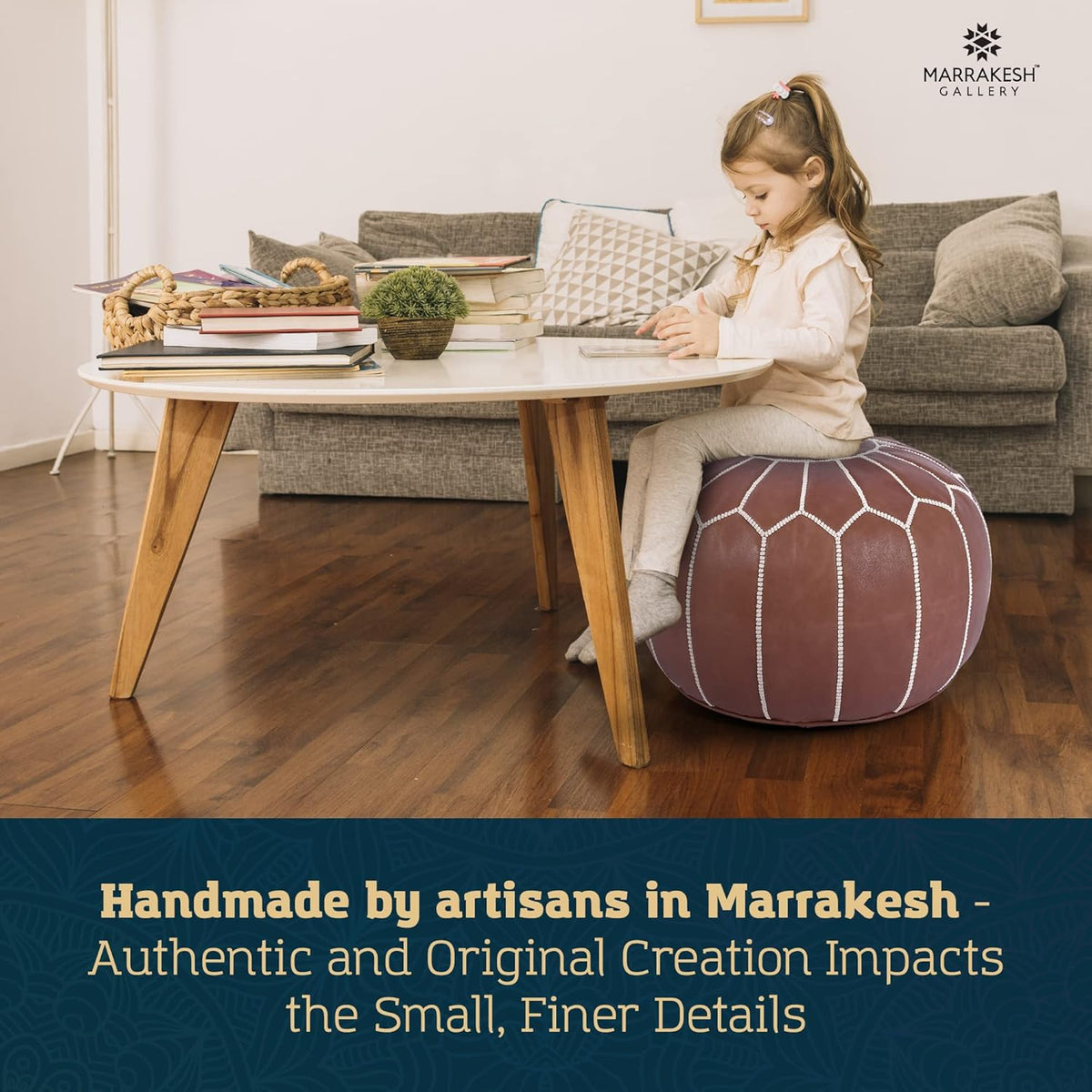 Marrakesh Gallery Genuine Leather Round Pouf Unstuffed - Moroccan Ottoman Footstool, Footrest Cover - Boho Decor - Bohemian Living Room, Bedroom, Kids Room, Gift & Wedding