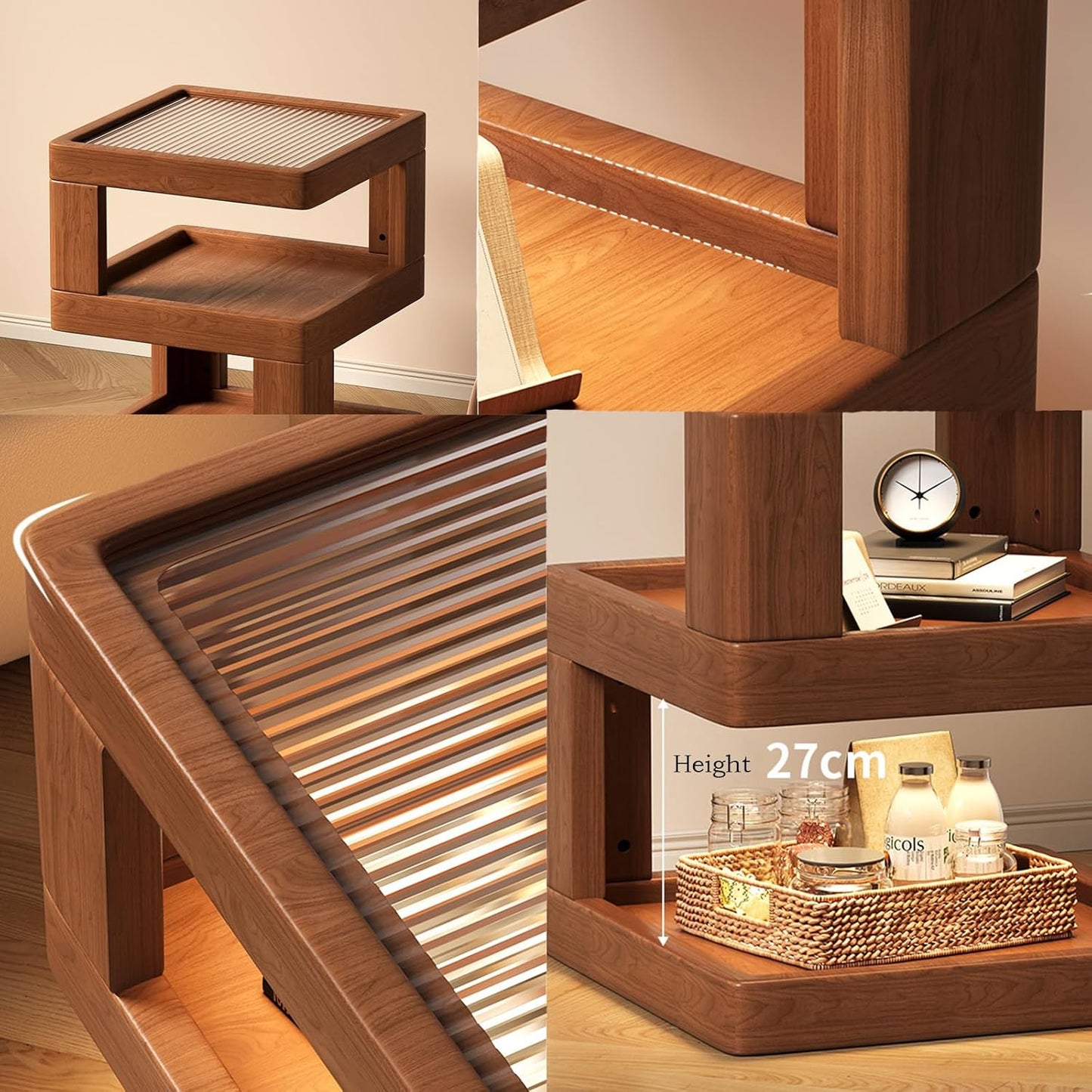 Solid Wood Nightstand,End Tables Bedroom Small Shelf Modern Nightstand Wood Side Table (Walnut Brown-21.3 * 13.8 * 13.8)