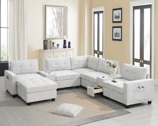 Merax 6 Seater Chenille Sectional Couches with 2 Acrylic Table Top Consoles, Upholstered Modular Tufted Sofa Chaise with Ottoman, Storage Drawers, Pockets, USB Charger & Cup Holders for Living Room