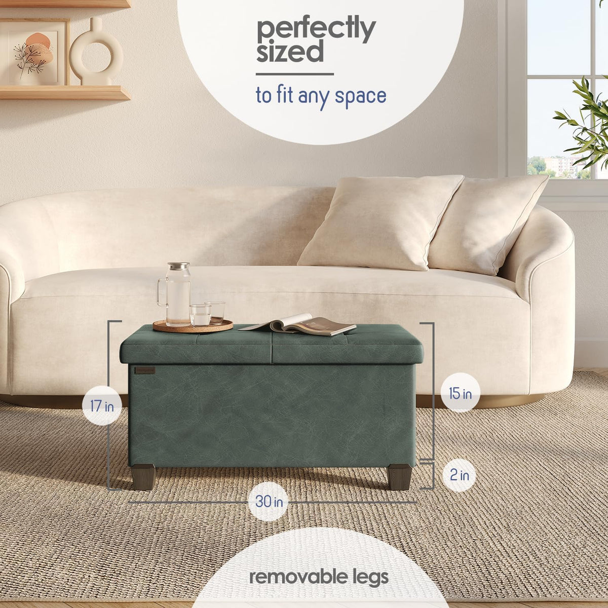 STORAGEBUD Storage Ottoman Bench with Bins, 30-in Storage Bench for Bedroom End of Bed, Folding Foot Rest Ottoman for Living Room Max 660lbs, Faux Leather Ottomans, Green