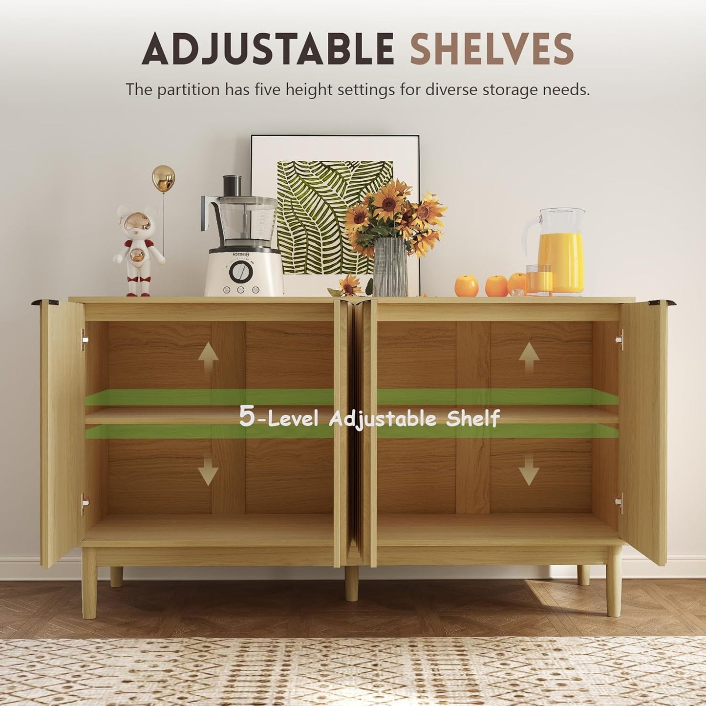 Buffet Cabinet with Storage, Sideboard Cabinet with Fluted Door, Kitchen Buffet Storage Cabinets with Adjustable Shelves, Sideboard Cabinets for Living Room, Entry, Hallway, Natural