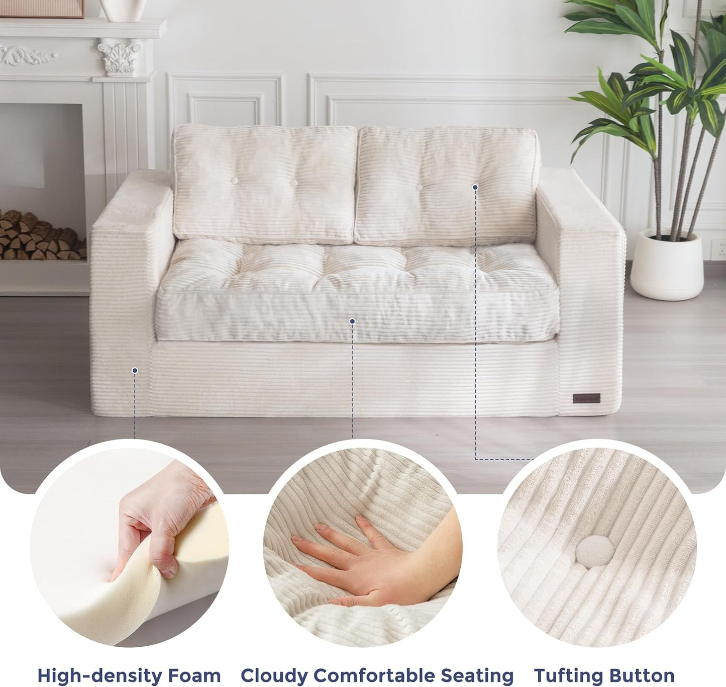 MAXYOYO Bean Bag Chair for Adults, Upholstered Floor Sofa with Armrests, Loveseat Boneless Couch with Tufted Cushion & Backrest, Sofa in A Box, Large Bean Bag Couch for Bedroom Living Room, Beige