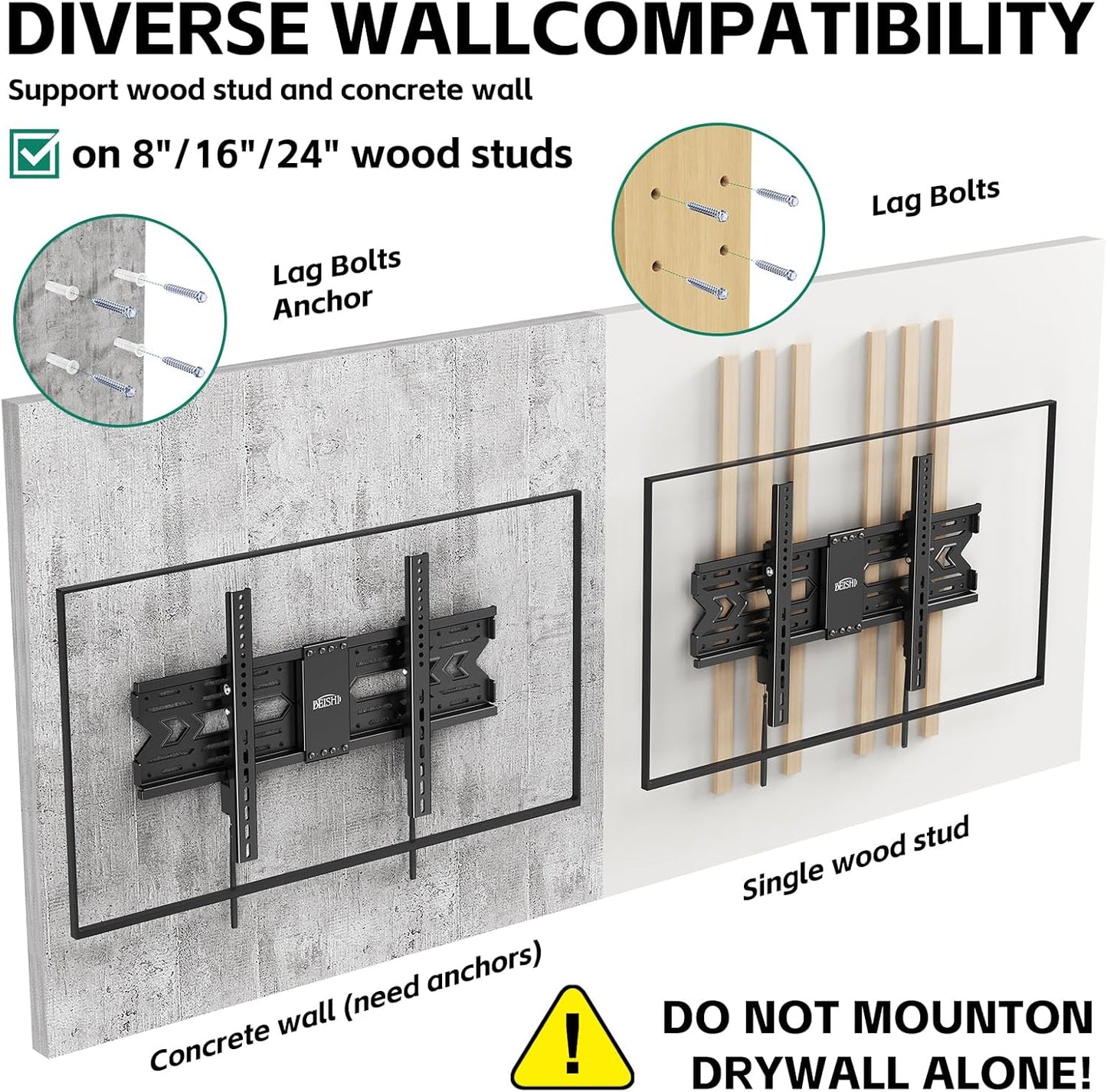 TV Wall Mount with Tilt for 32-85 Inch TVs, Low Profile Design, Holds up to 132 lbs, Space-Saving Design for 16/18/24 Inch Wood Studs, Max VESA 600x400mm (Fit 32-85" TVs 1.2" from The Wall)